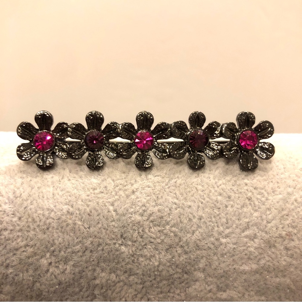 1928 Brand brooch- gunmetal, 5 flowers with pink rhinestones - Picture 2 of 8